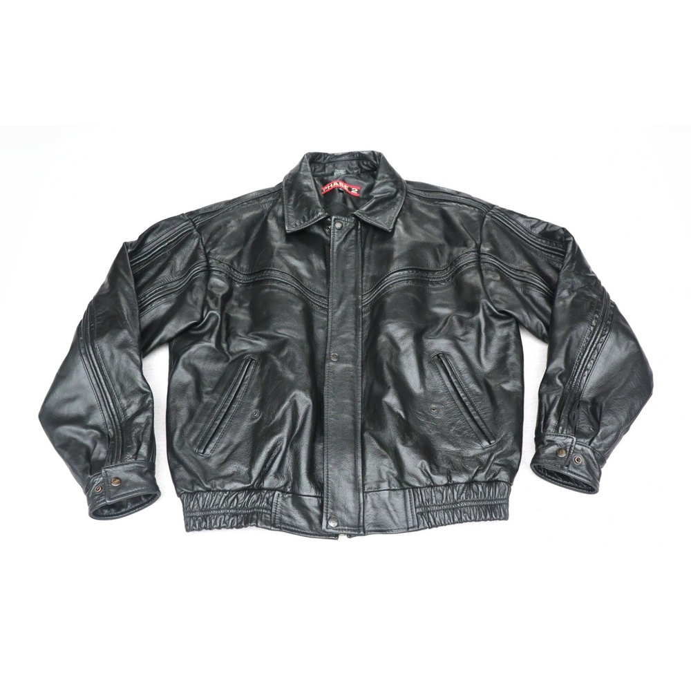 Phase 2 Vintage 90s Mens L Black Leather Bomber Jacket Piped Seams Quilted Lined